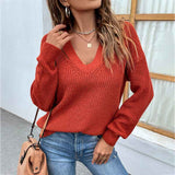 Rust-Red-Womens-Casual-Chocker-Neck-Halter-Sweater-Solid-Long-Sleeve-Loose-Fit-Hollow-Out-V-Neck-Pullover-Knitted-Tops-K247-Front