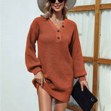 Rust-red-Womens-VNeck-Long-Sleeve-Ribbed-Knit-Button-Down-Slim-Sweater-Dress-Bodycon-Mini-Pullover-Sweater-Dress-K279-Front