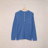    Sky-Blue-Womens-Waffle-Knit-V-Neck-Sweater-Casual-Long-Sleeve-Side-Slit-Button-Henley-Pullover-Jumper-Top-K189