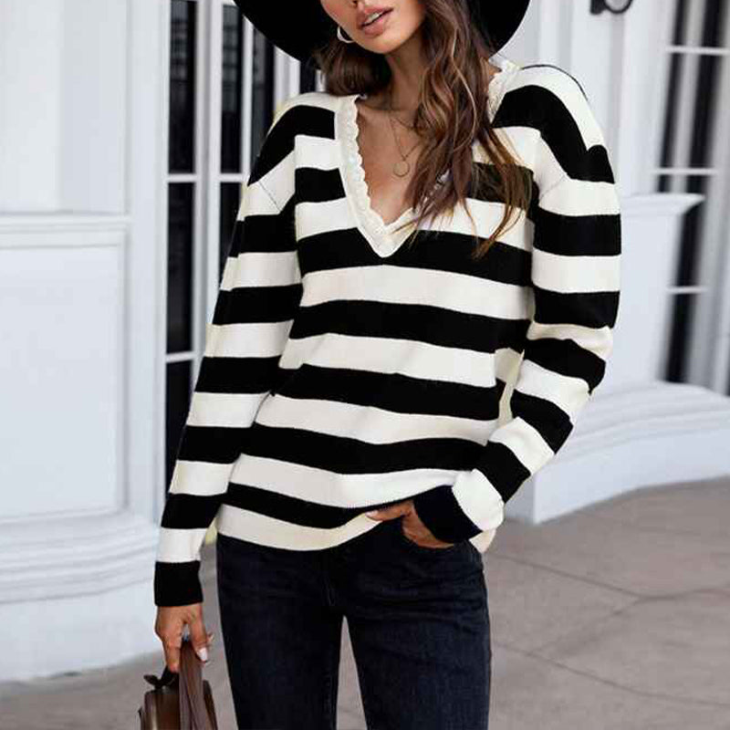 Stripe-Womens-Casual-Long-Sleeve-Knit-Sweater-V-Neck-Striped-Pullover-Jumper-Tops-K162-Front