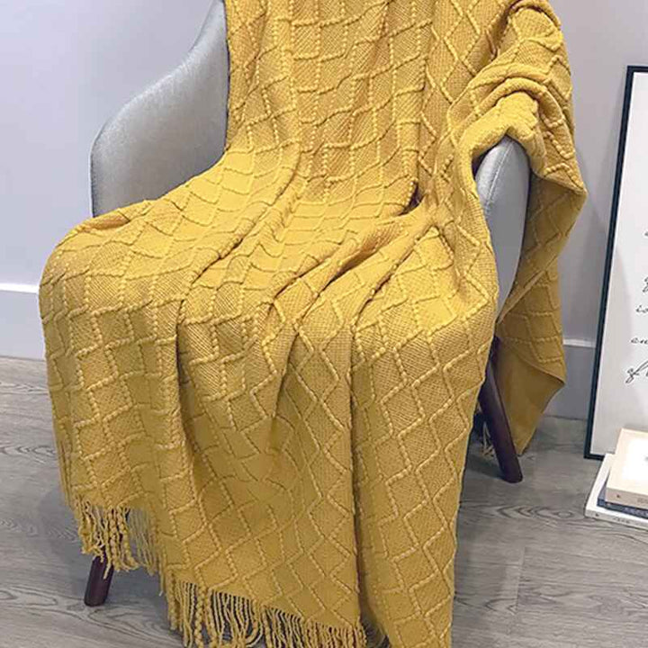 Textured-Knitted-Soft-Throw-Blanket-with-Tassels-yellow