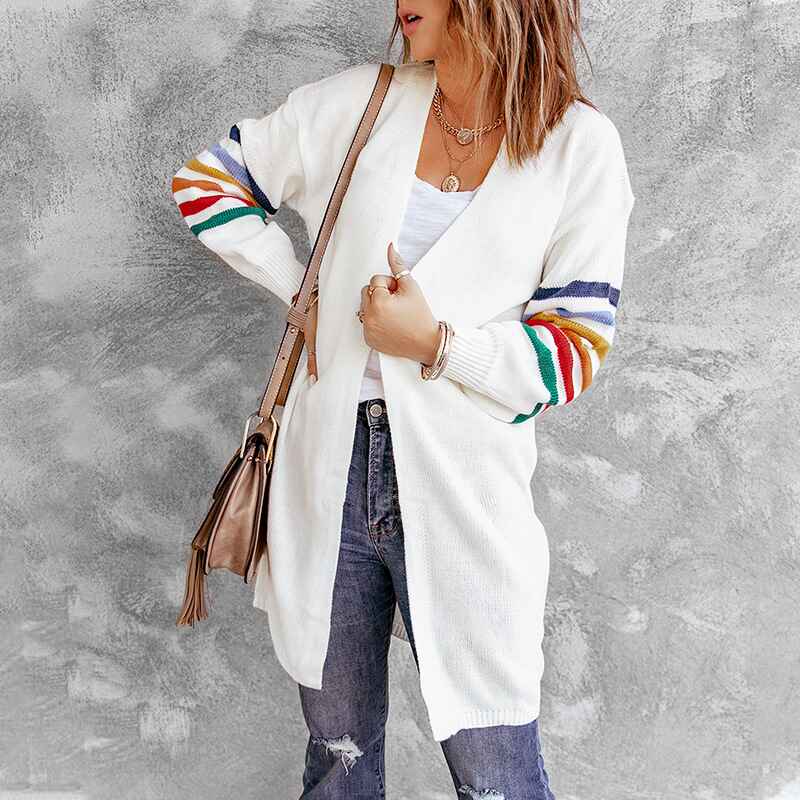 White-Color-Block-Striped-Open-Front-Long-Cardigans-for-Women-Comfy-Knit-Sweater-Coat-Outwear-K121-Front