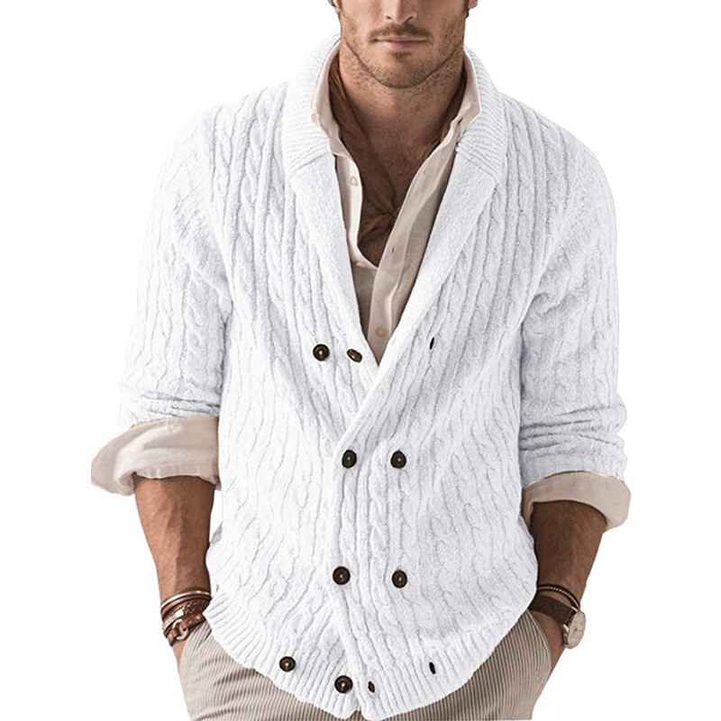 White-Mens-Casual-Long-Sleeve-Shawl-Collar-Buttons-Down-Cable-Knit-Cardigan-Sweater-G038