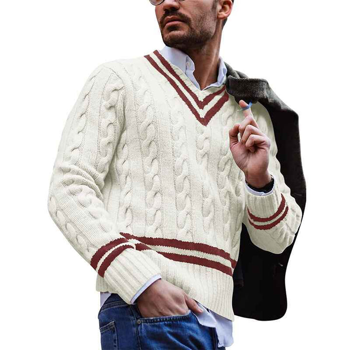White-Mens-Pullover-Sweater-Cable-Knit-V-Neck-Cotton-Knitwear-Sweater-G060