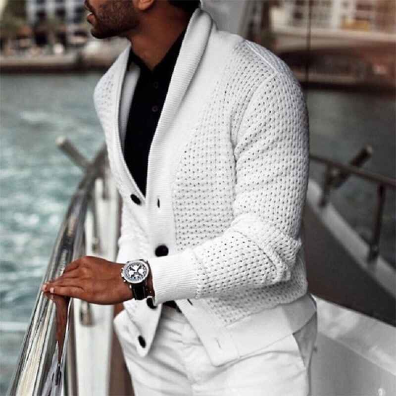 White-Mens-Slim-Fit-Cable-Knit-Sweaters-Cardigans-Button-Long-Sleeve-Lapel-Coat-G008
