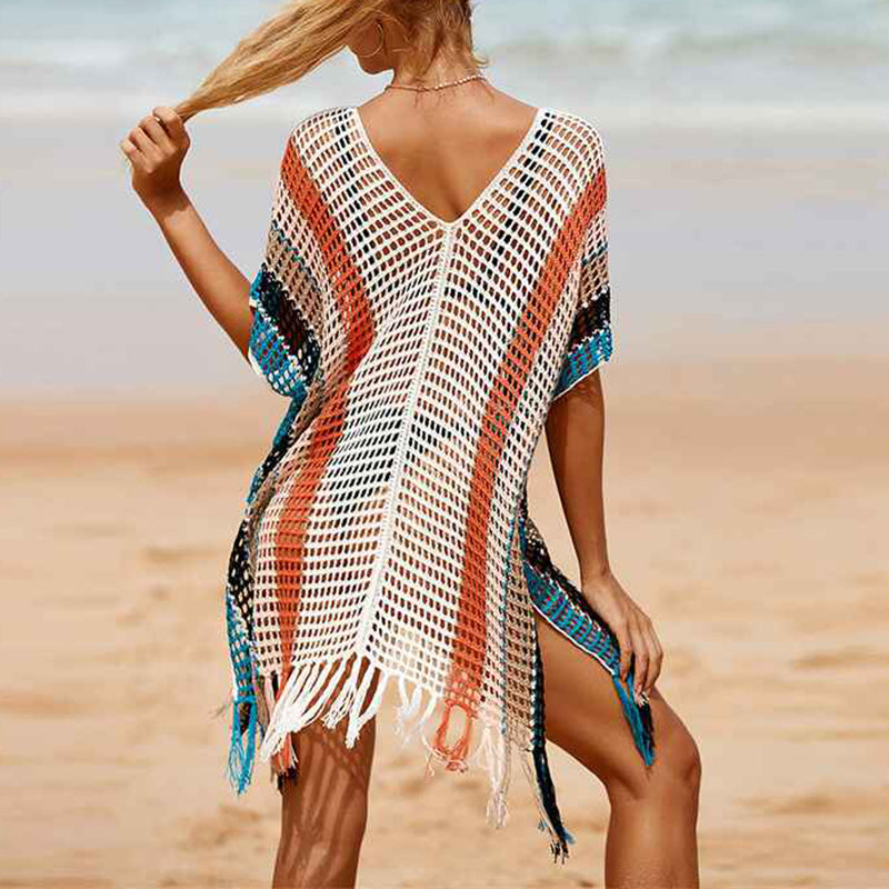    White-Stripe-Womens-beach-color-matching-hollow-knitted-blouse-sunscreen-knitted-dress-Back