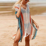 White-Stripe-Womens-beach-color-matching-hollow-knitted-blouse-sunscreen-knitted-dress-Side