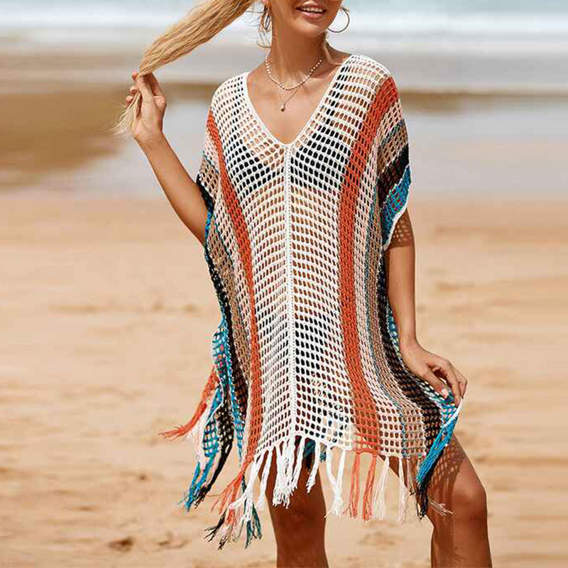 White-Stripe-Womens-beach-color-matching-hollow-knitted-blouse-sunscreen-knitted-dress