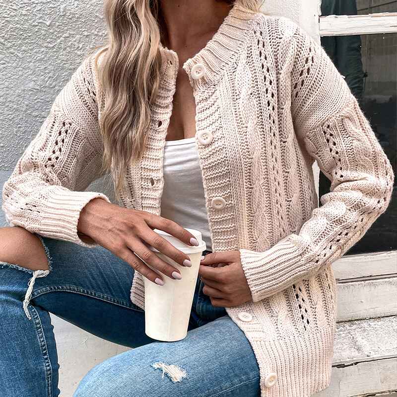 White-Women-Cable-Knit-Sweater-Coat-Long-Sleeve-Button-Down-Cardigan-Outwear-K398