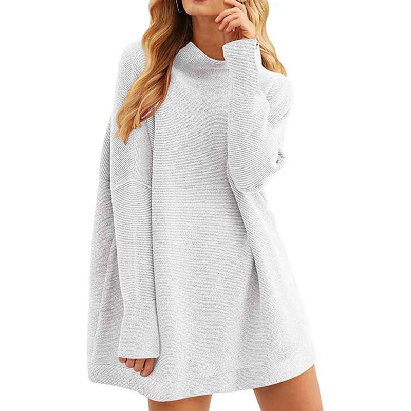     White-Women-Polo-Neck-Long-Slim-Fitted-Dress-Bodycon-Turtleneck-Cable-Knit-Sweater-K021