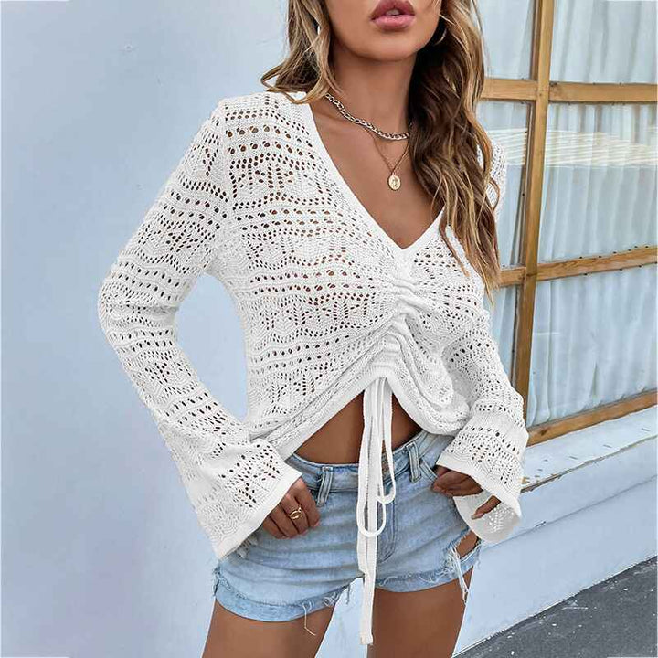 White-Womens-Boho-Off-Shoulder-Sheer-Crop-Tops-Bell-Sleeve-Flowy-Oversized-Crochet-Ruched-Pullover-Sweaters-K215