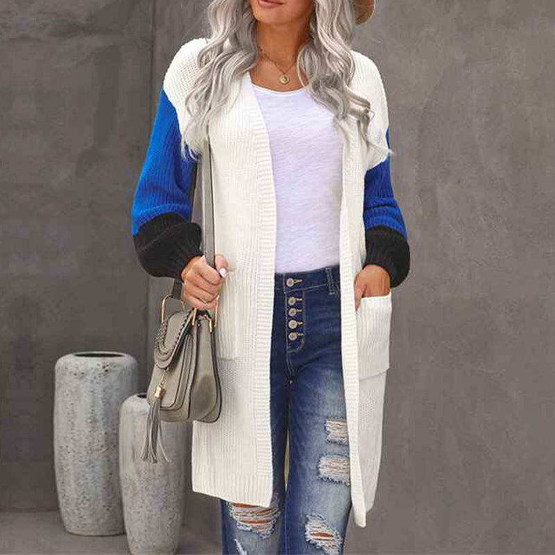 White-Womens-Cable-Knit-Open-Front-Long-Sleeve-Cardigan-Sweater-with-Pocket-K103-Front