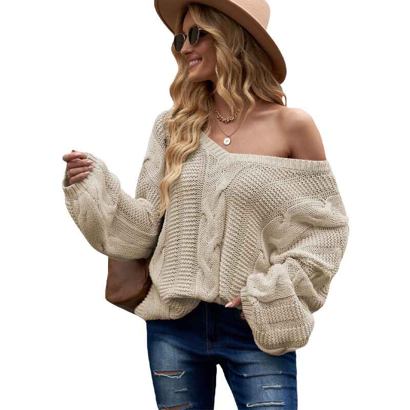 White-Womens-Casual-Oversized-Long-Sleeve-Sweaters-V-Neck-Cable-Knit-Sweater-Pullovers-Tops-K139
