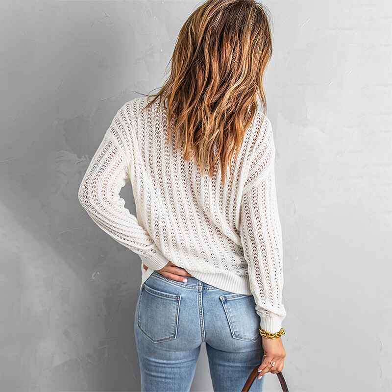 White-Womens-Casual-Sweater-Color-Block-Crew-Neck-Pullover-Oversized-Cable-Knit-Chunky-Striped-Tops-K150-Back