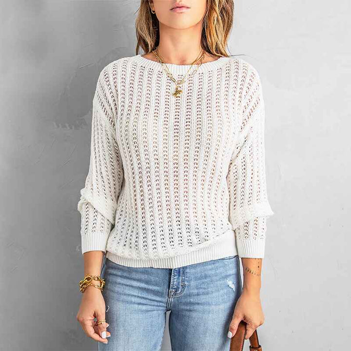 White-Womens-Casual-Sweater-Color-Block-Crew-Neck-Pullover-Oversized-Cable-Knit-Chunky-Striped-Tops-K150-Front-2