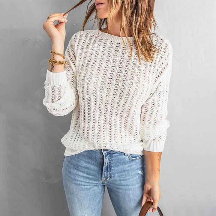 White-Womens-Casual-Sweater-Color-Block-Crew-Neck-Pullover-Oversized-Cable-Knit-Chunky-Striped-Tops-K150-Front