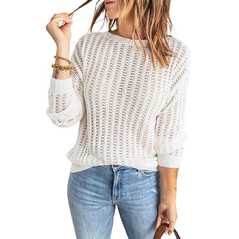    White-Womens-Casual-Sweater-Color-Block-Crew-Neck-Pullover-Oversized-Cable-Knit-Chunky-Striped-Tops-K150