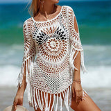 White-Womens-Cover-Up-White-Crochet-Hollow-Out-Tassel-Swimsuit-Three-Quarter-Sleeve-K568-Front-2
