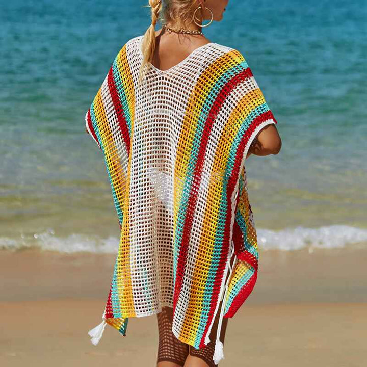    White-Womens-Crochet-Beach-Bikini-Cover-Up-Colorful-Strip-Tassels-V-Neck-Drop-Shoulde-Loose-Waisted-Mini-Length-Back