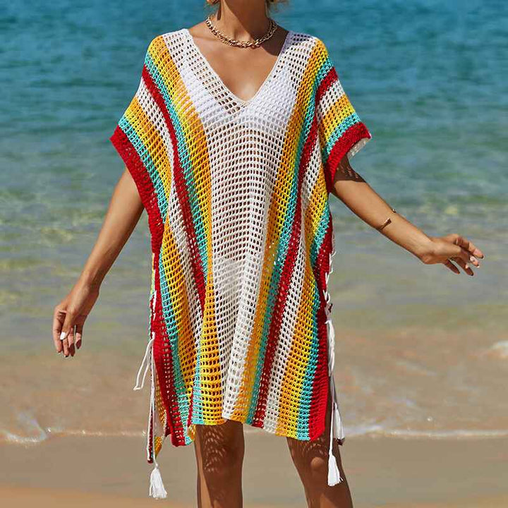 White-Womens-Crochet-Beach-Bikini-Cover-Up-Colorful-Strip-Tassels-V-Neck-Drop-Shoulde-Loose-Waisted-Mini-Length-Front-2