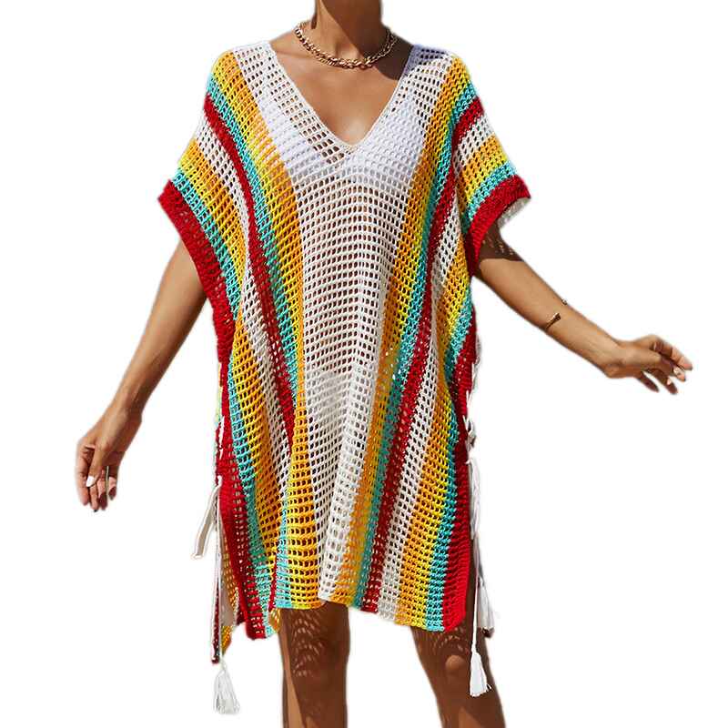 White-Womens-Crochet-Beach-Bikini-Cover-Up-Colorful-Strip-Tassels-V-Neck-Drop-Shoulde-Loose-Waisted-Mini-Length-Front