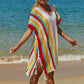 White-Womens-Crochet-Beach-Bikini-Cover-Up-Colorful-Strip-Tassels-V-Neck-Drop-Shoulde-Loose-Waisted-Mini-Length-Side