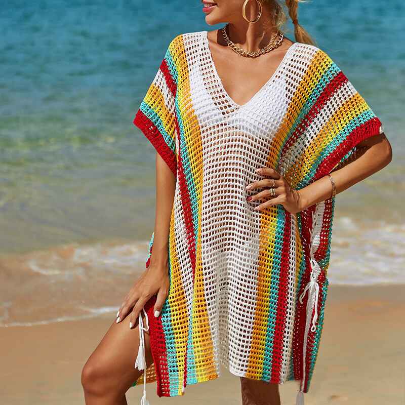 White-Womens-Crochet-Beach-Bikini-Cover-Up-Colorful-Strip-Tassels-V-Neck-Drop-Shoulde-Loose-Waisted-Mini-Length