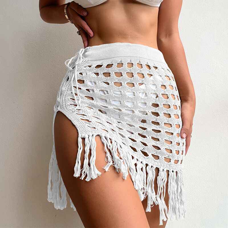 White-Womens-Crochet-Cover-Up-Skirt-Tassel-Knit-Mini-Beach-Cover-Up-K552