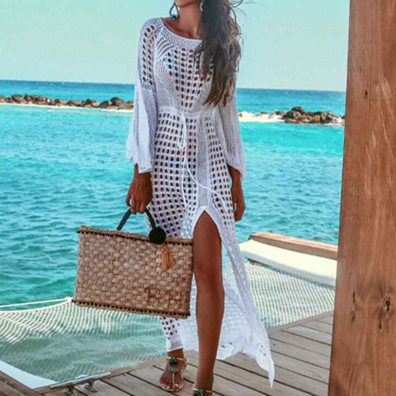 White-Womens-Crochet-Swimsuits-Cover-Up-See-Through-Bikini-Sleeveless-Split-Side-Long-Maxi-Beach-Dress-Front