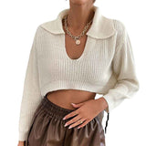 White-Womens-Cropped-Sweater-V-Neck-Long-Sleeve-Crop-Sweater-Pullover-Jumper-Knit-Top-K401