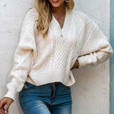 White-Womens-Deep-V-Neck-Sweater-Cable-Knit-Pullover-Jumper-Casual-Long-Sleeve-Loose-Tops-Knitwear-K301-Front-2