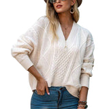 White-Womens-Deep-V-Neck-Sweater-Cable-Knit-Pullover-Jumper-Casual-Long-Sleeve-Loose-Tops-Knitwear-K301
