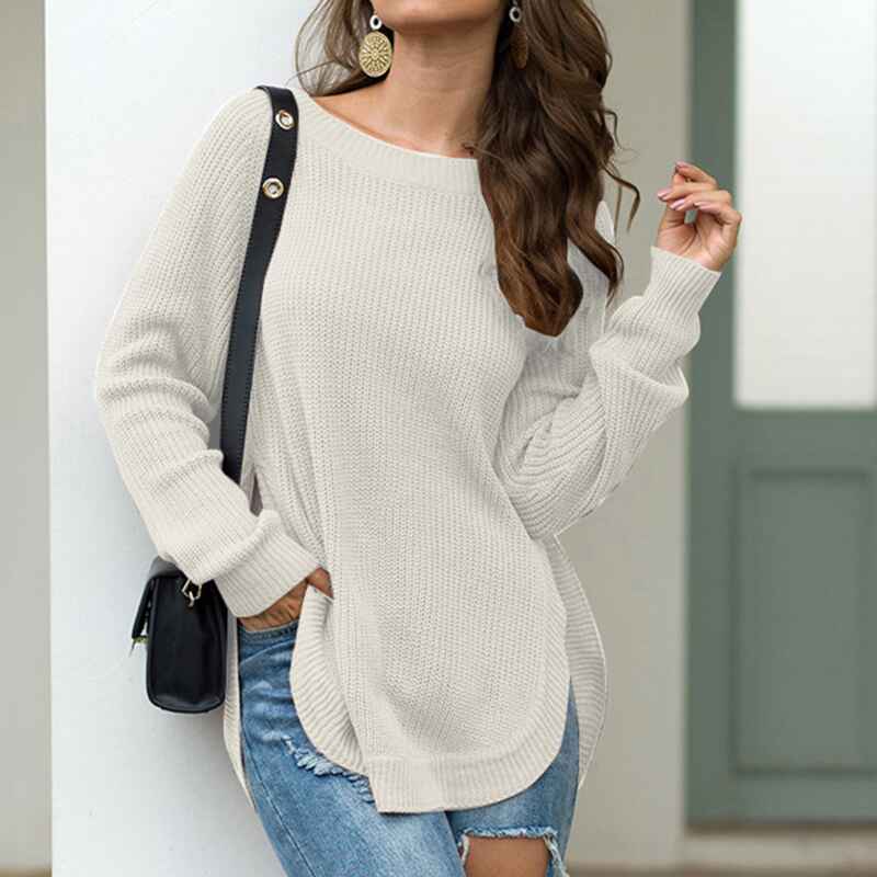 White-Womens-Fall-Long-Sleeve-Side-Split-Loose-Blouses-Casual-Pullover-Tunic-Tops-K294