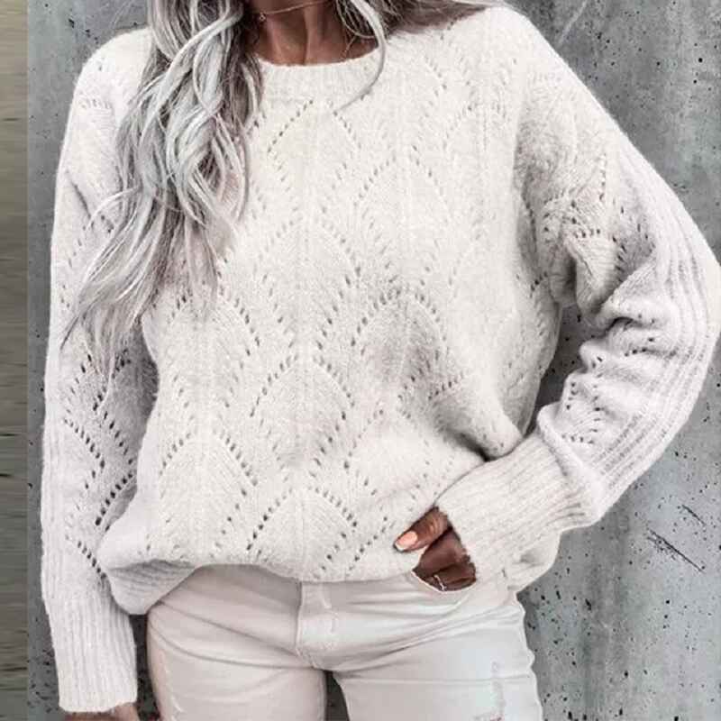 White-Womens-Fall-Puff-Long-Sleeve-Pullover-Sweaters-Tops-Soft-Dot-Crew-Neck-Shirt-Lightweight-Hollow-Out-Knit-Sweater-K041