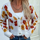 White-Womens-Flower-Knit-Loose-Cardigan-Button-Long-Sleeve-V-Neck-Crop-Sweater-Cardigan-Tops-K328-Front