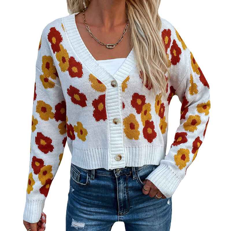 White-Womens-Flower-Knit-Loose-Cardigan-Button-Long-Sleeve-V-Neck-Crop-Sweater-Cardigan-Tops-K328