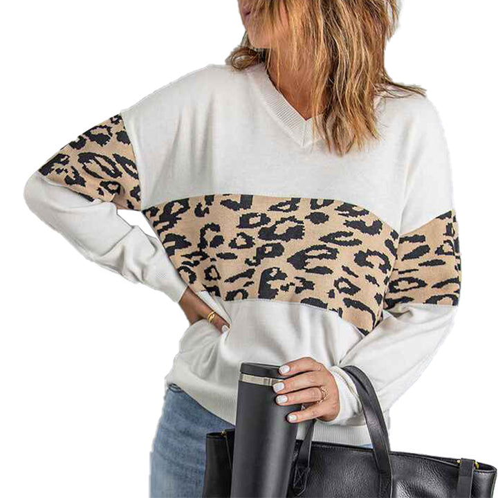    White-Womens-High-density-Lightweight-Chic-Knit-Pullover-Sweaters-Tunic-Tops-Leopard-Striped-Warm-Soft-Winter-K168-Front