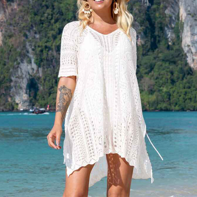 White-Womens-Knitted-Cover-Up-Mini-Dress-Side-Split-Hollow-Out-Scoop-Neck-Short-Sleeve-Beach-Dresses