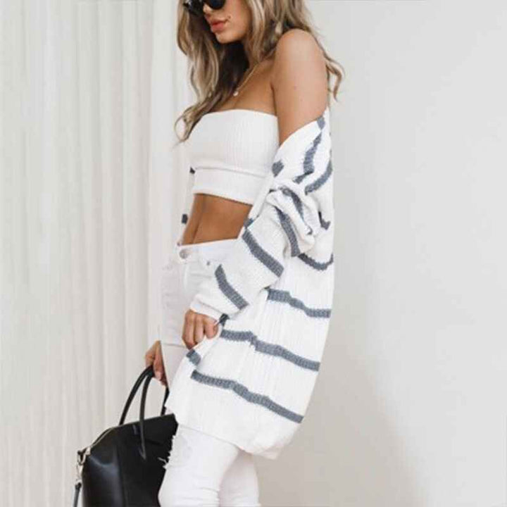 White-Womens-Long-Cardigan-Open-Front-Color-Block-Cardigan-Knit-Sweaters-K074-Side