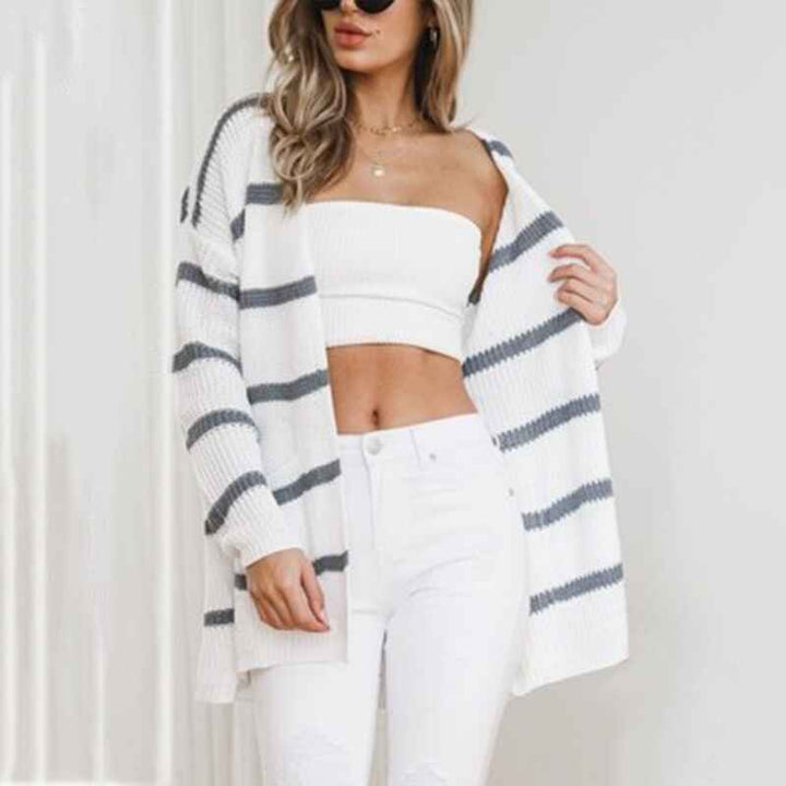 White-Womens-Long-Cardigan-Open-Front-Color-Block-Cardigan-Knit-Sweaters-K074