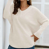 White-Womens-Long-Sleeve-Knit-Sweater-Side-Button-Pullover-V-Neck-Mid-Length-Tunic-Jumper-Sweater-K364