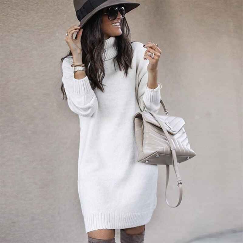 White-Womens-Long-Sleeve-Turtleneck-Sweater-Dresses-Knitted-Bodycon-Midi-Sheath-Jumper-Dresses-K024