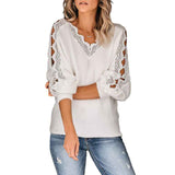 White-Womens-Long-Sleeve-V-Neck-Hollow-Out-Lace-Patchwork-Ribbed-Kint-Pullover-Sweaters-Tops-K164