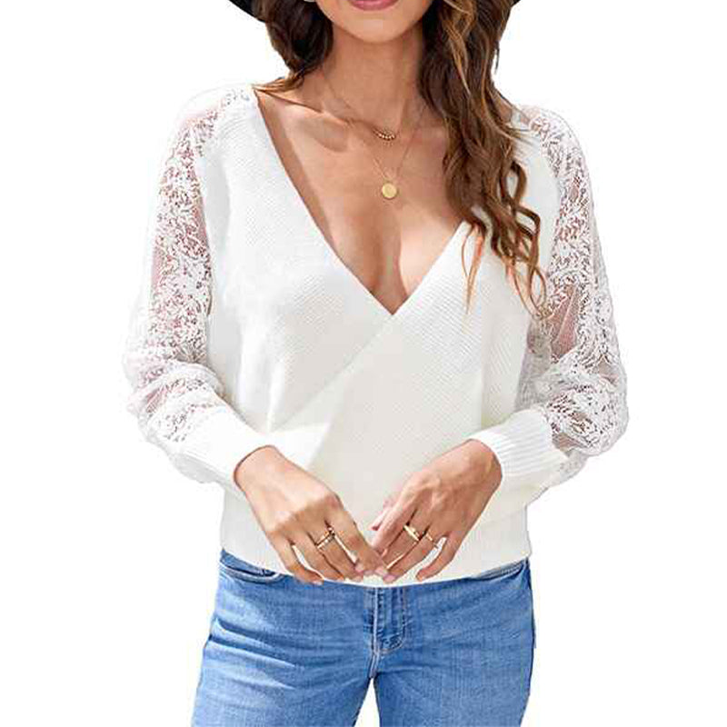 White-Womens-Long-Sleeve-V-Neck-Lace-Patchwork-Solid-Color-Ribbed-Knit-Pullover-Sweater-Tops-K165-Front
