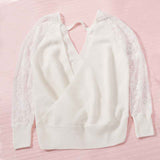 White-Womens-Long-Sleeve-V-Neck-Lace-Patchwork-Solid-Color-Ribbed-Knit-Pullover-Sweater-Tops-K165