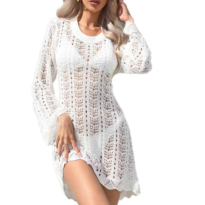 White-Womens-Rib-Knit-Hollow-Out-Sheer-Mesh-Long-Sleeve-Cover-Up-Short-Dress-Swimwear-Front