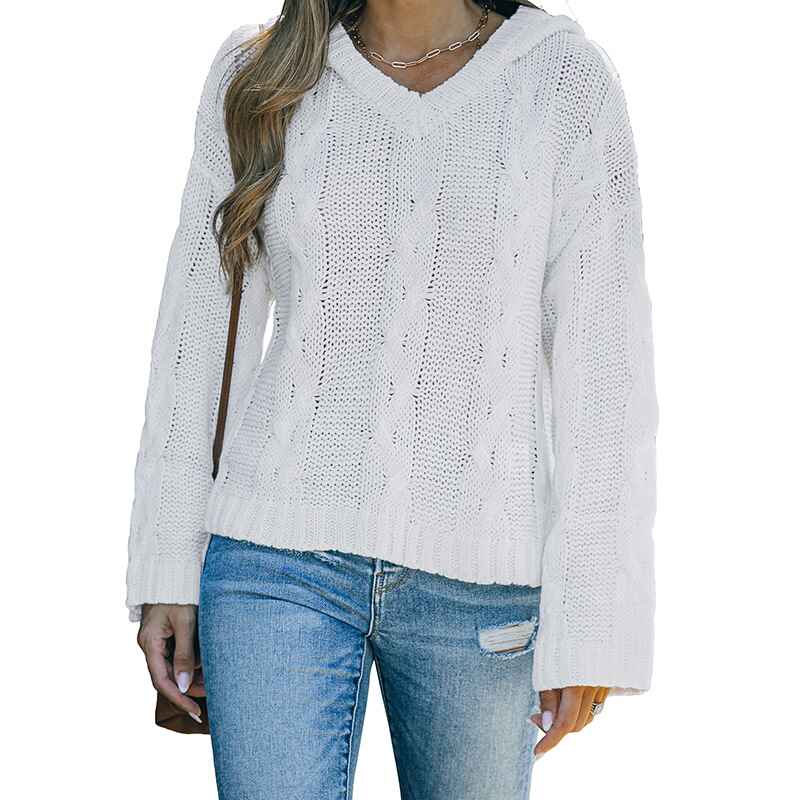 White-Womens-Solid-Color-Block-Hoodies-Fashion-V-Neck-Knit-Sweater-Pullovers-K182