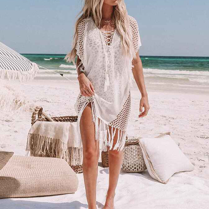     White-Womens-Tassel-Crochet-Bikini-Cover-Up-Swimsuit-Bathing-Suit-Beach-Dress