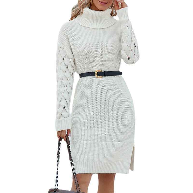 White-Womens-Turtleneck-Long-Sleeve-Knit-Pullover-Sweater-Bodycon-Mini-Dress-K252-front