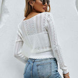 White-Womens-V-Neck-Solid-Ribbed-Button-Up-Cardigan-Knit-Long-Sleeve-Surplice-Top-Sweaters-T-Shirt-K315-Back